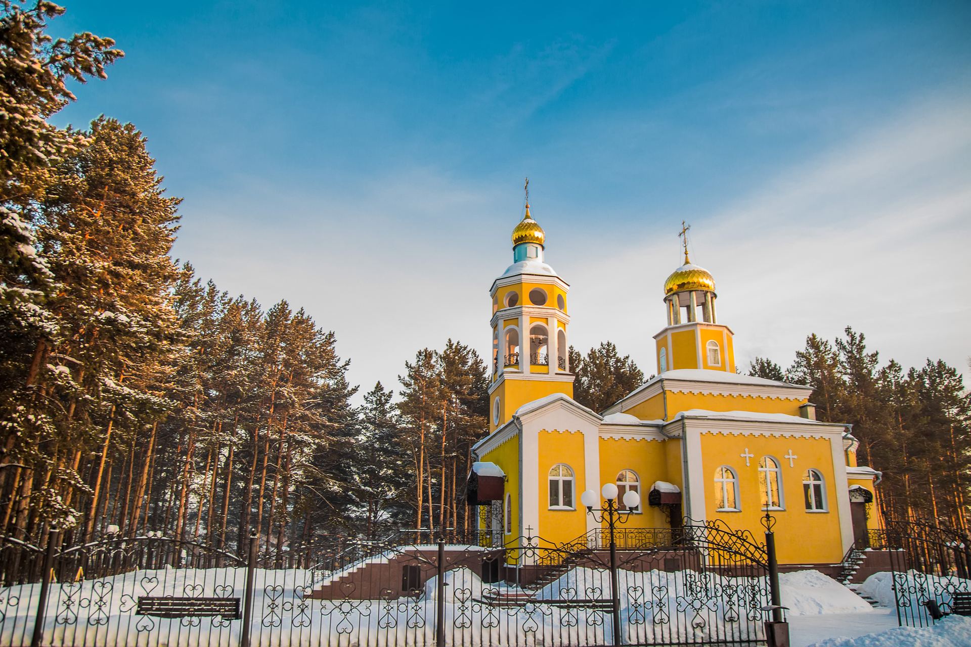 Храм Александра Невского зимой среди сосен